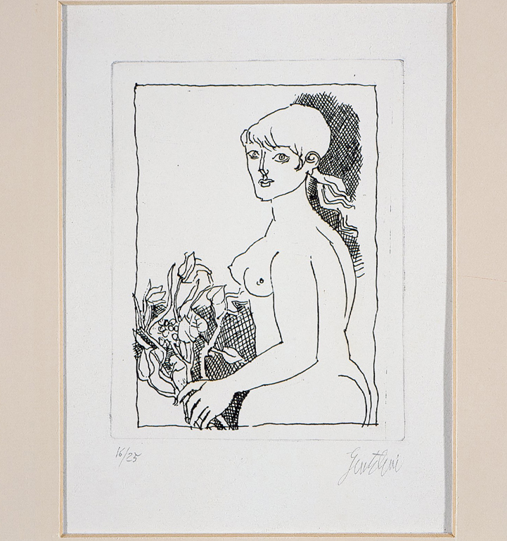 Figura di donna, figura femminile nuda con rami fioriti (stampa) di Gentilini Franco (sec. XX)