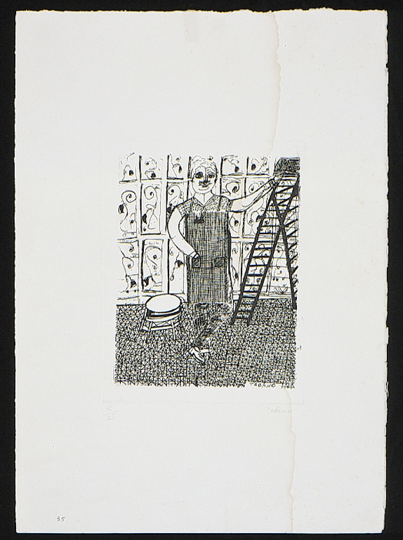 figura maschile con scala (stampa) di Tebano Nereo (sec. XX)