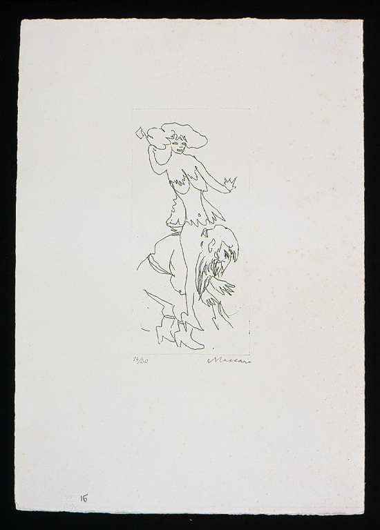 Scena bacchica, giovane donna a cavallo di un uomo (stampa) di Maccari Mino (sec. XX)