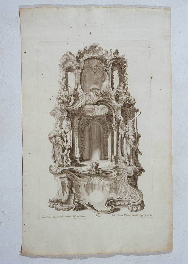 elementi architettonici con personificazioni della Carità e della Fede (stampa, serie) di Wachsmuth Jeremias (sec. XVIII)