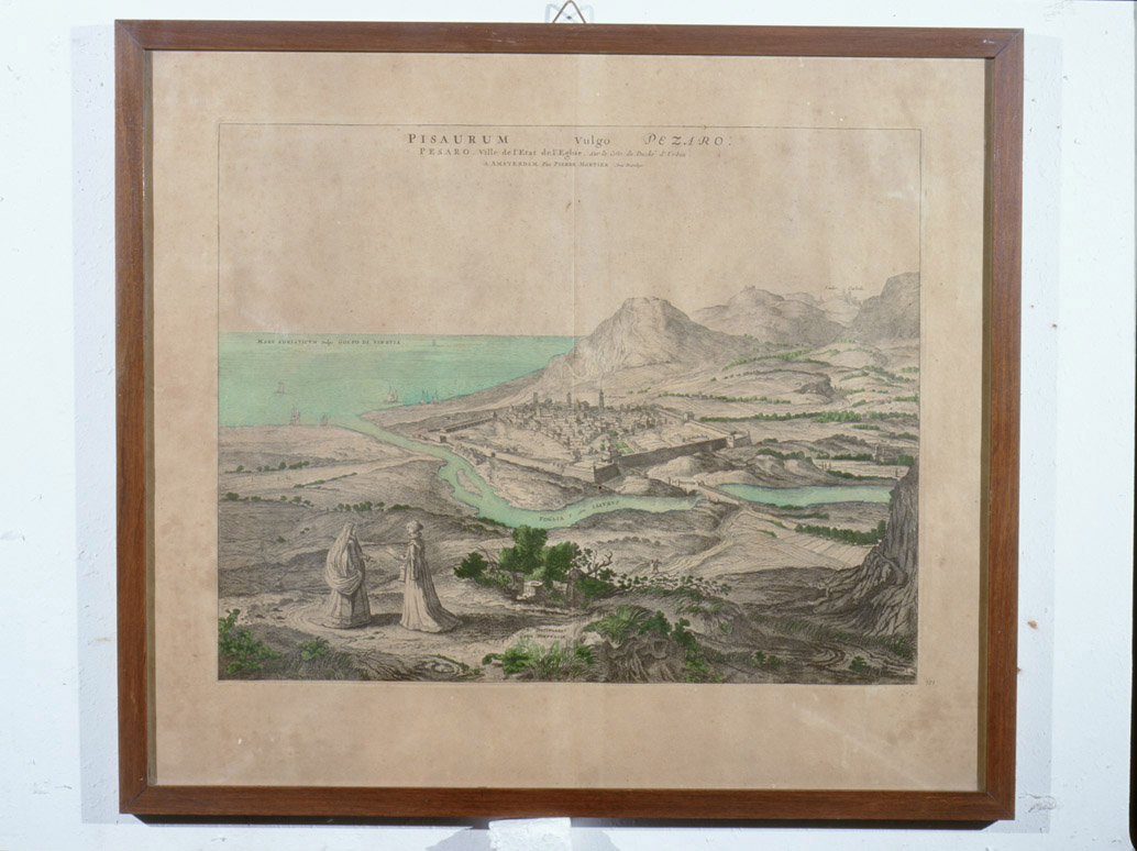 veduta di Pesaro (stampa colorata a mano) di Hoefnagel Joris (sec. XVIII)