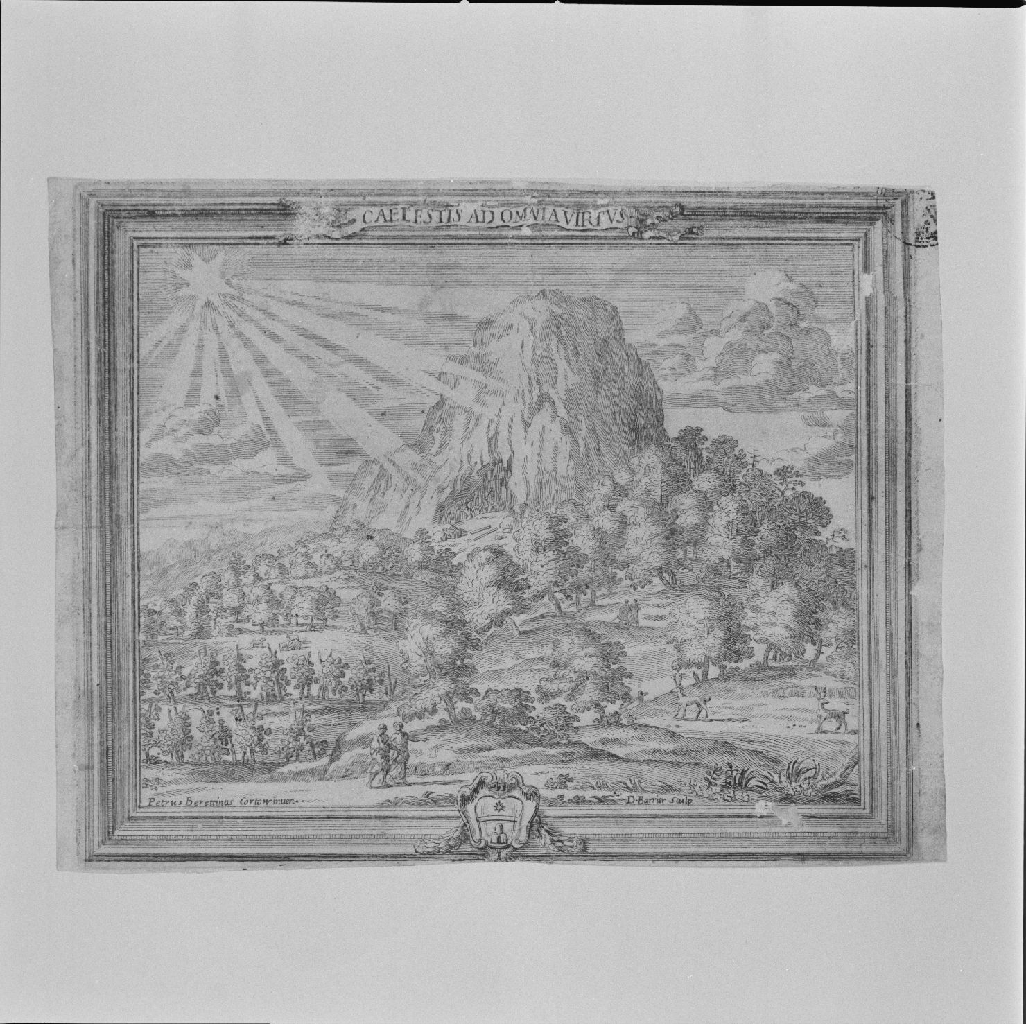 Paesaggio allegorico dei benefici della virtù divina (stampa) di Barrière Dominique, Berettini Pietro detto Pietro da Cortona (sec. XVII)