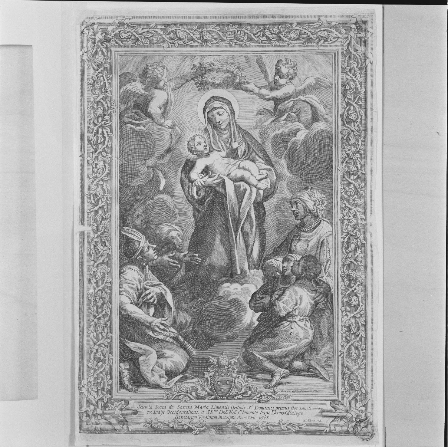 San Rosa con Gesù Bambino tra figure simboleggianti i popoli (stampa) di Baldi Lazzaro, Thiboust Benoit (secc. XVIII/ XIX)