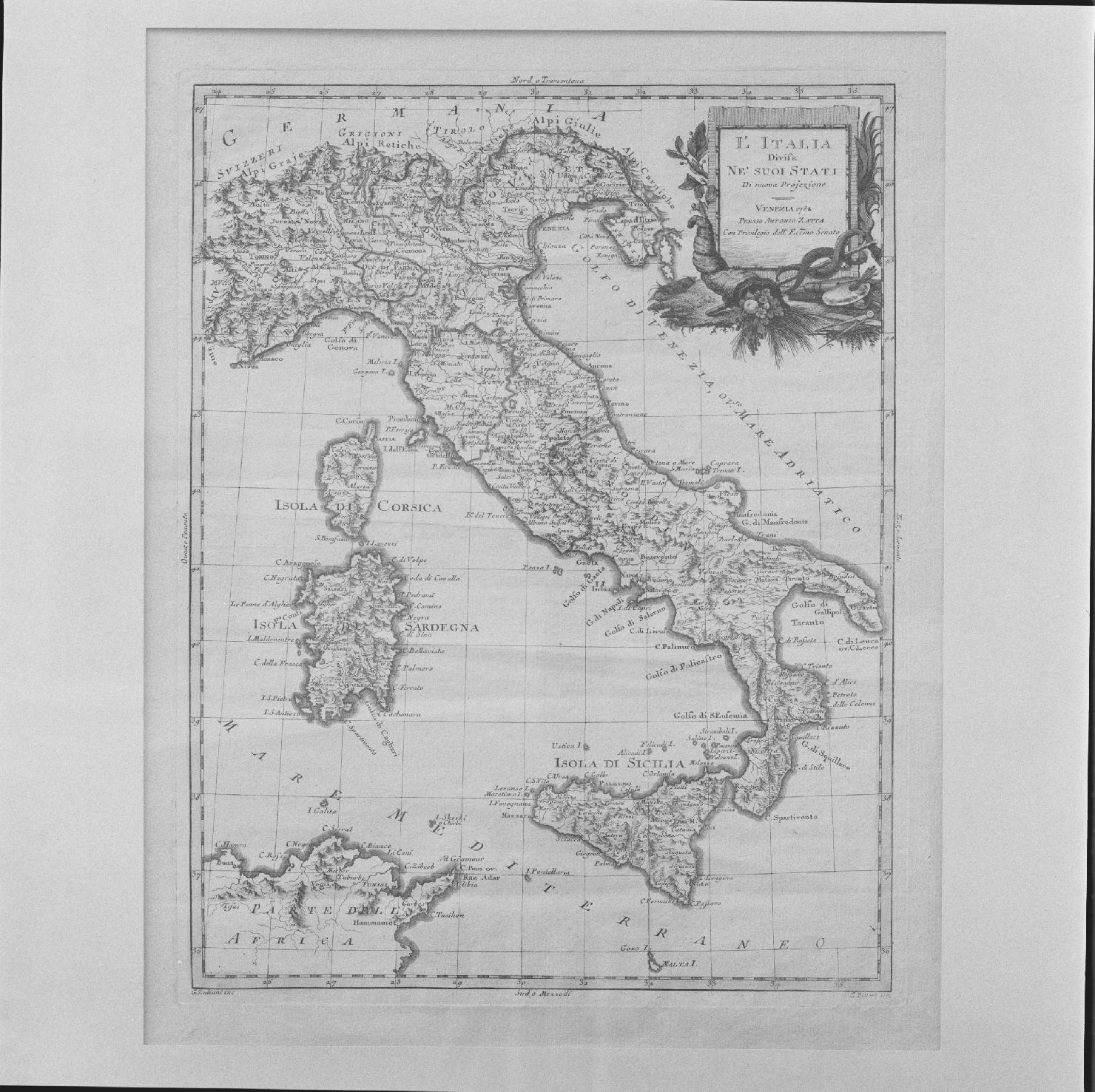 carta geografica dell'Italia (stampa colorata a mano, serie) di Zuliani Giuliano, Pitteri Marco Alvise - ambito europeo (sec. XVIII)