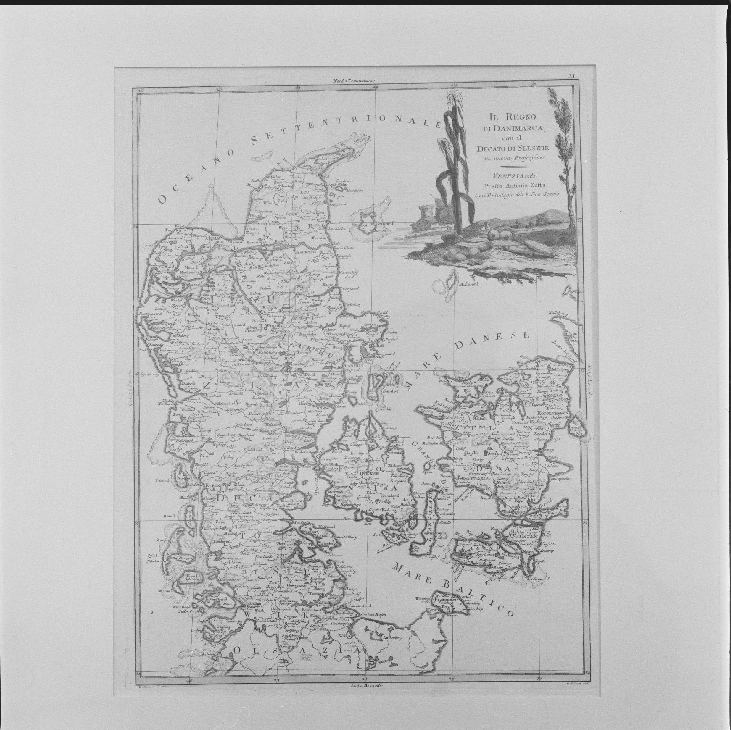 carta geografica della Danimarca (stampa colorata a mano, serie) di Zuliani Giuliano, Pitteri Marco Alvise - ambito europeo (sec. XVIII)