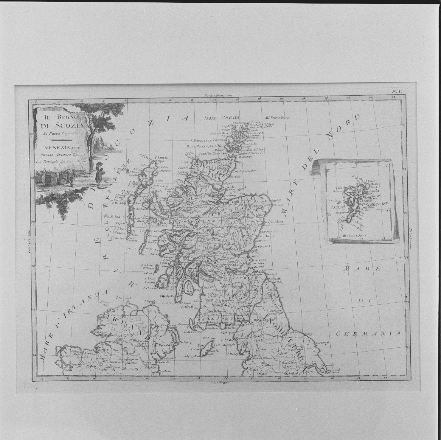 carta geografica della Scozia (stampa colorata a mano, elemento d'insieme) - ambito veneziano, ambito veneziano, ambito europeo (sec. XVIII)