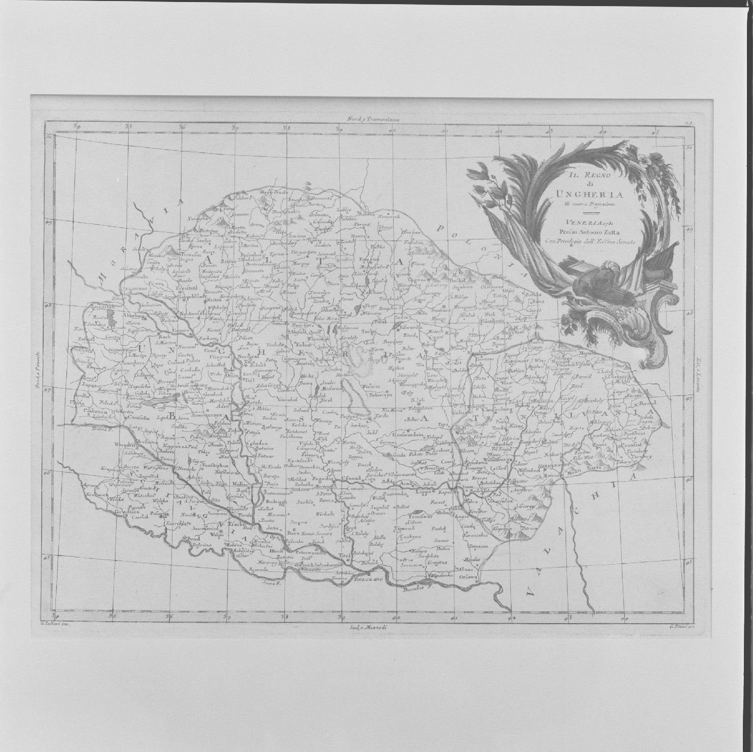 carta geografica dell'Ungheria (stampa colorata a mano, serie) di Zuliani Giuliano, Pitteri Marco Alvise - ambito europeo (sec. XVIII)
