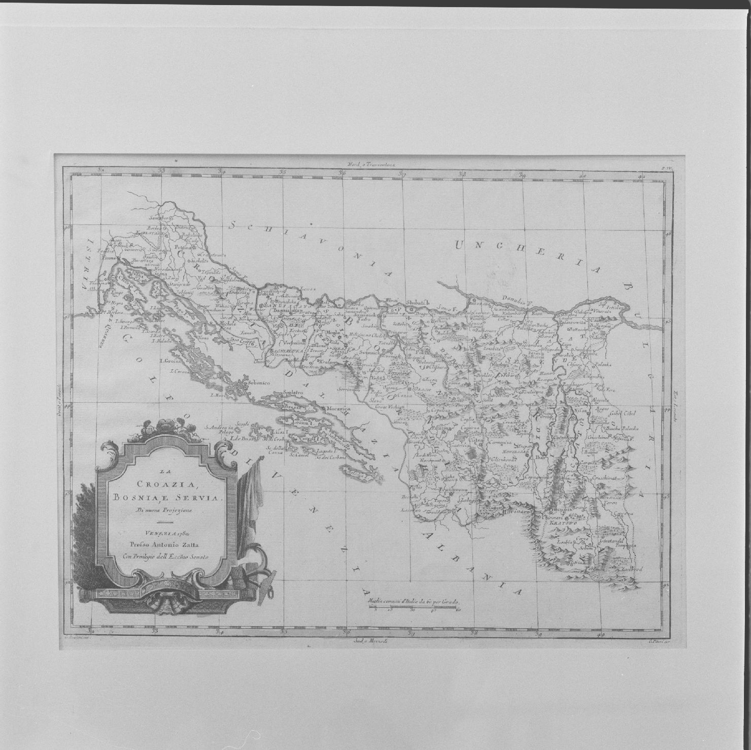carta geografica di Croazia, Bosnia e Serbia (stampa colorata a mano, serie) di Zuliani Giuliano, Pitteri Marco Alvise - ambito europeo (sec. XVIII)