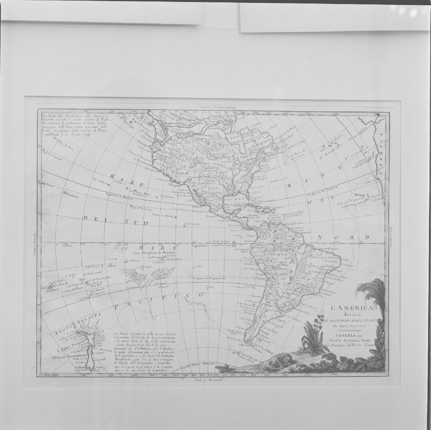 carta geografica del continente americano (stampa colorata a mano, elemento d'insieme) di Zuliani Giuliano - ambito veneto, ambito europeo (sec. XVIII)