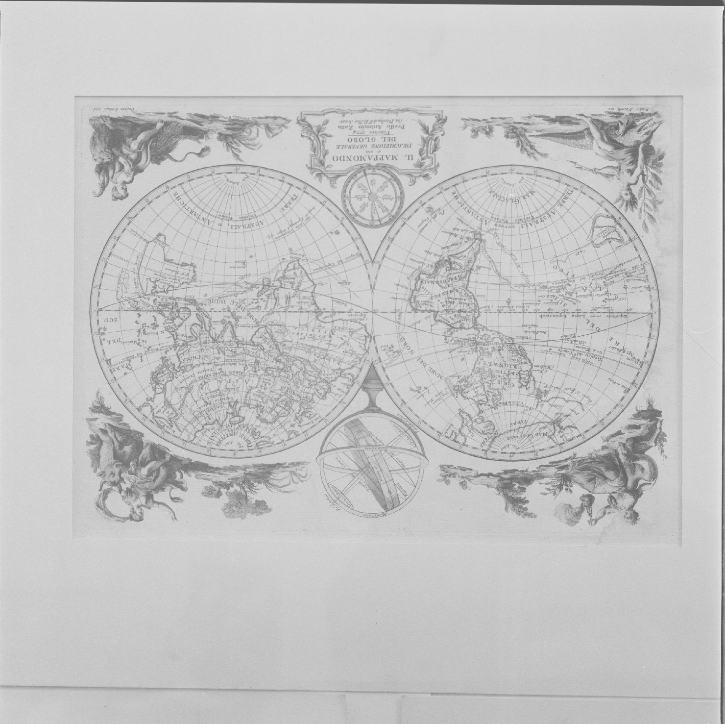 Mappamondo (stampa colorata a mano, elemento d'insieme) di Novelli Pietro Antonio, Barat Valentina, Zuliani Giuliano (sec. XVIII)
