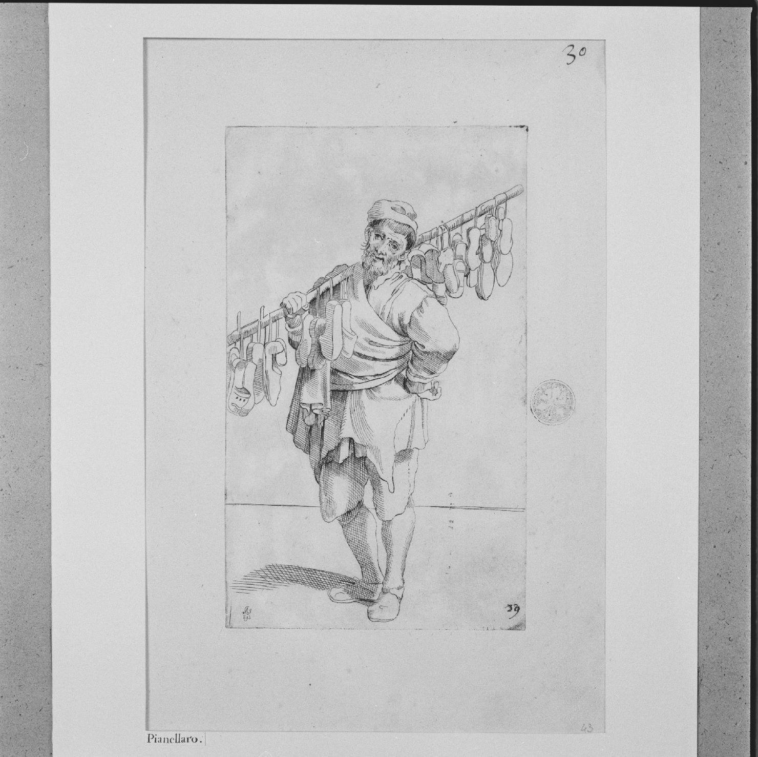 arte per via: venditore di pianelle (stampa, elemento d'insieme) di Carracci Annibale, Guillain Simon II (sec. XVII)