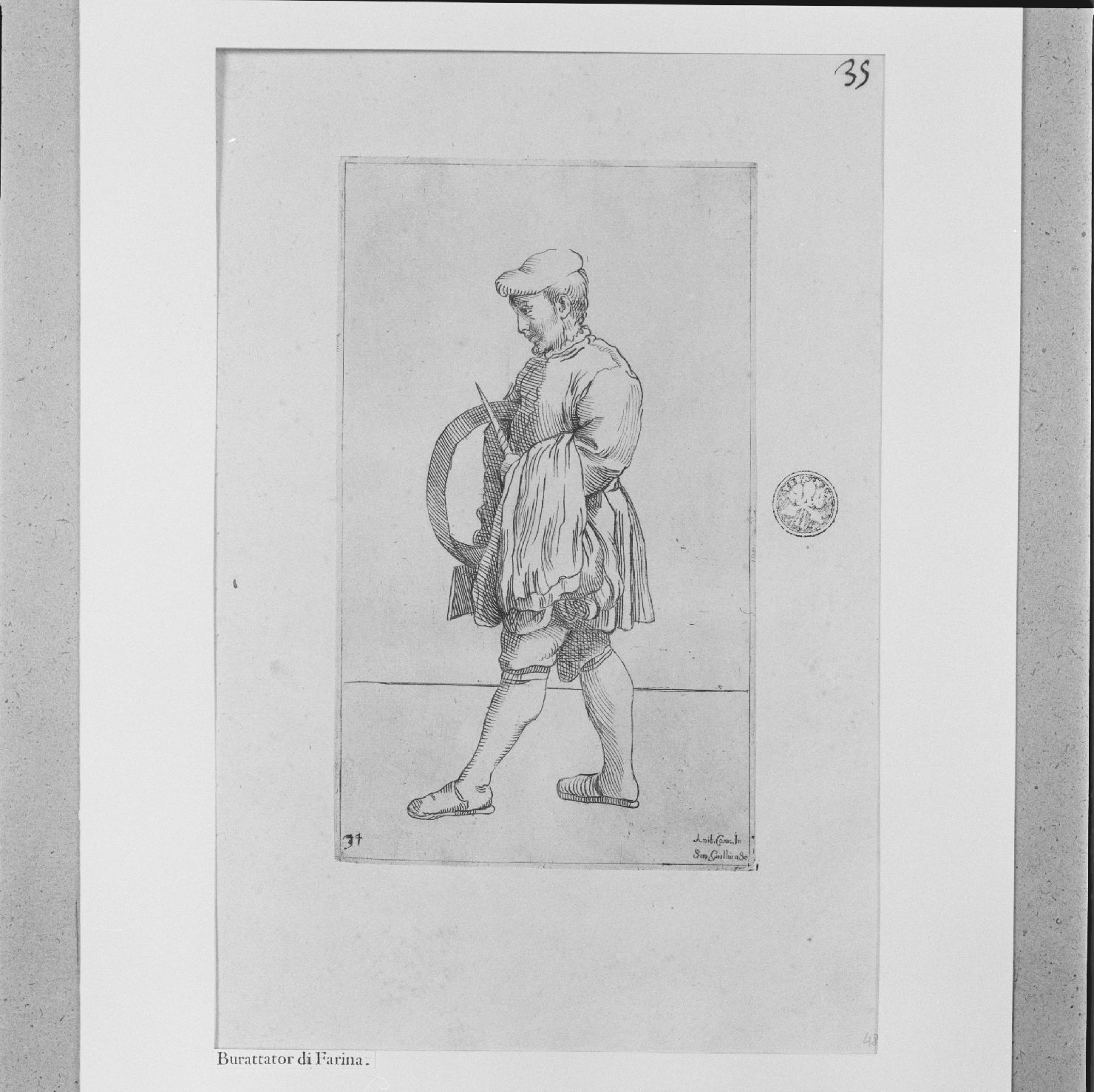 arte per via: burattatore di farina (stampa, elemento d'insieme) di Carracci Annibale, Guillain Simon II (sec. XVII)