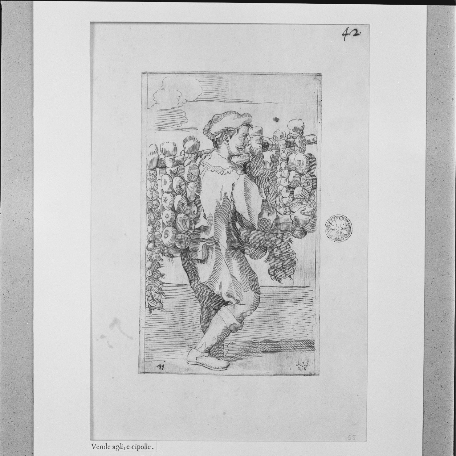 arte per via: venditore di aglio e cipolle (stampa, elemento d'insieme) di Carracci Annibale, Guillain Simon II (sec. XVII)