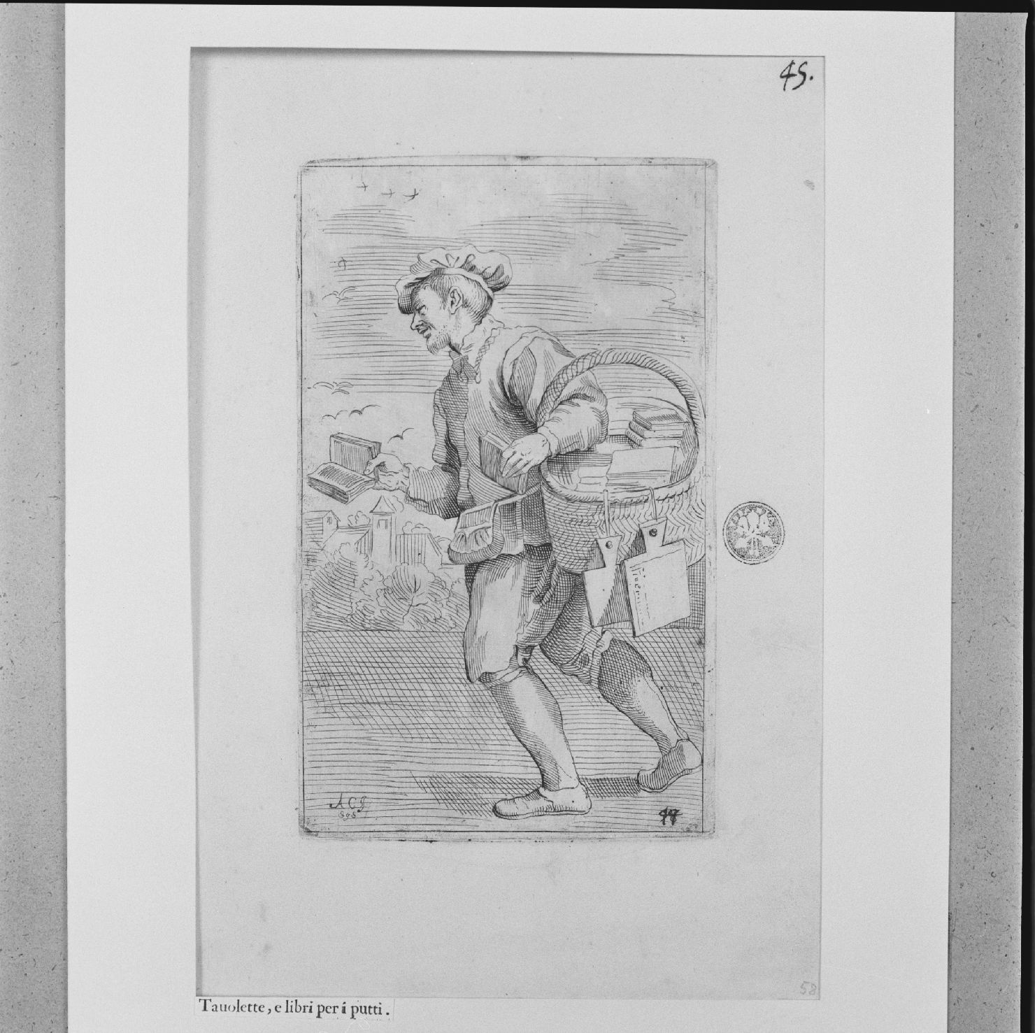 arte per via: venditore di tavolette e libri per bambini (stampa, elemento d'insieme) di Carracci Annibale, Guillain Simon II (sec. XVII)