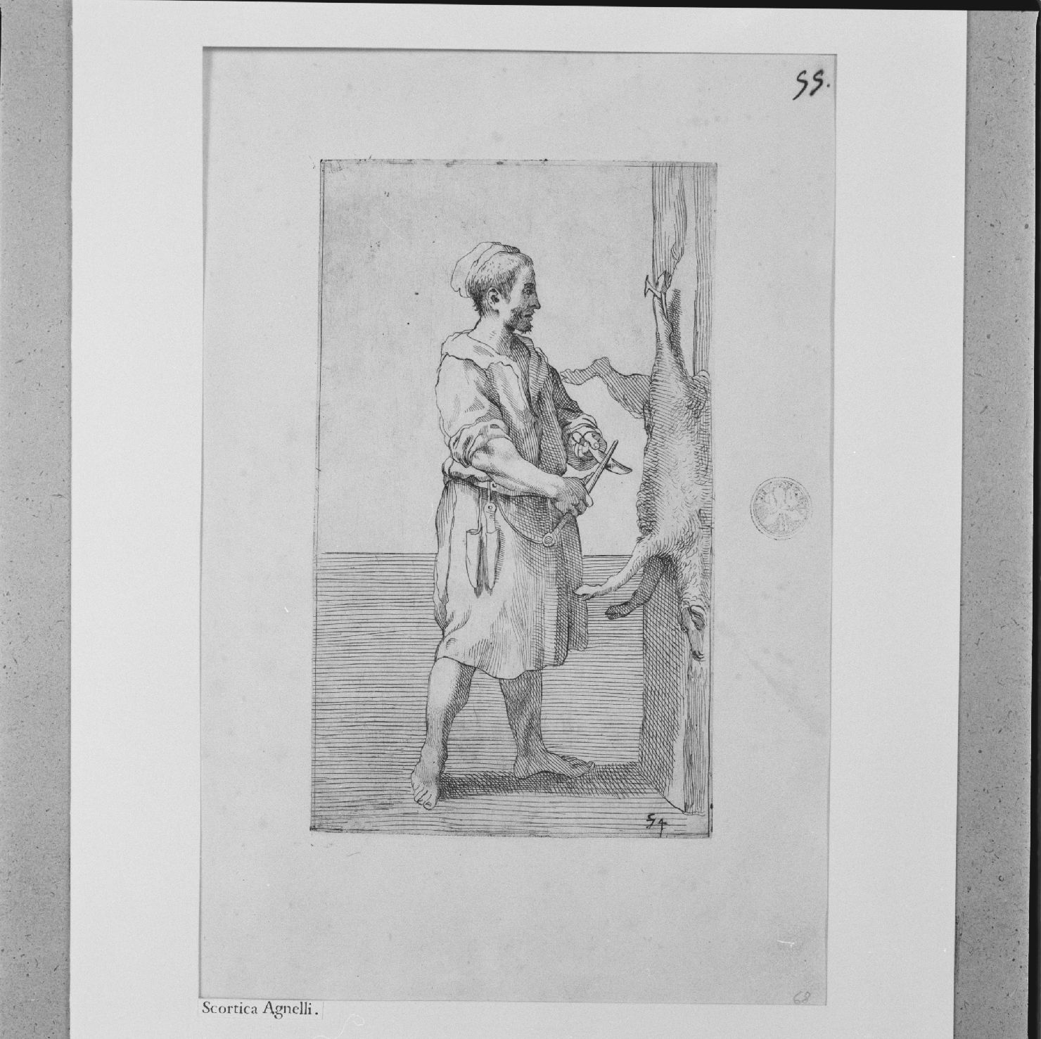 arte per via: scorticatore di agnelli (stampa, elemento d'insieme) di Carracci Annibale, Guillain Simon II (sec. XVII)