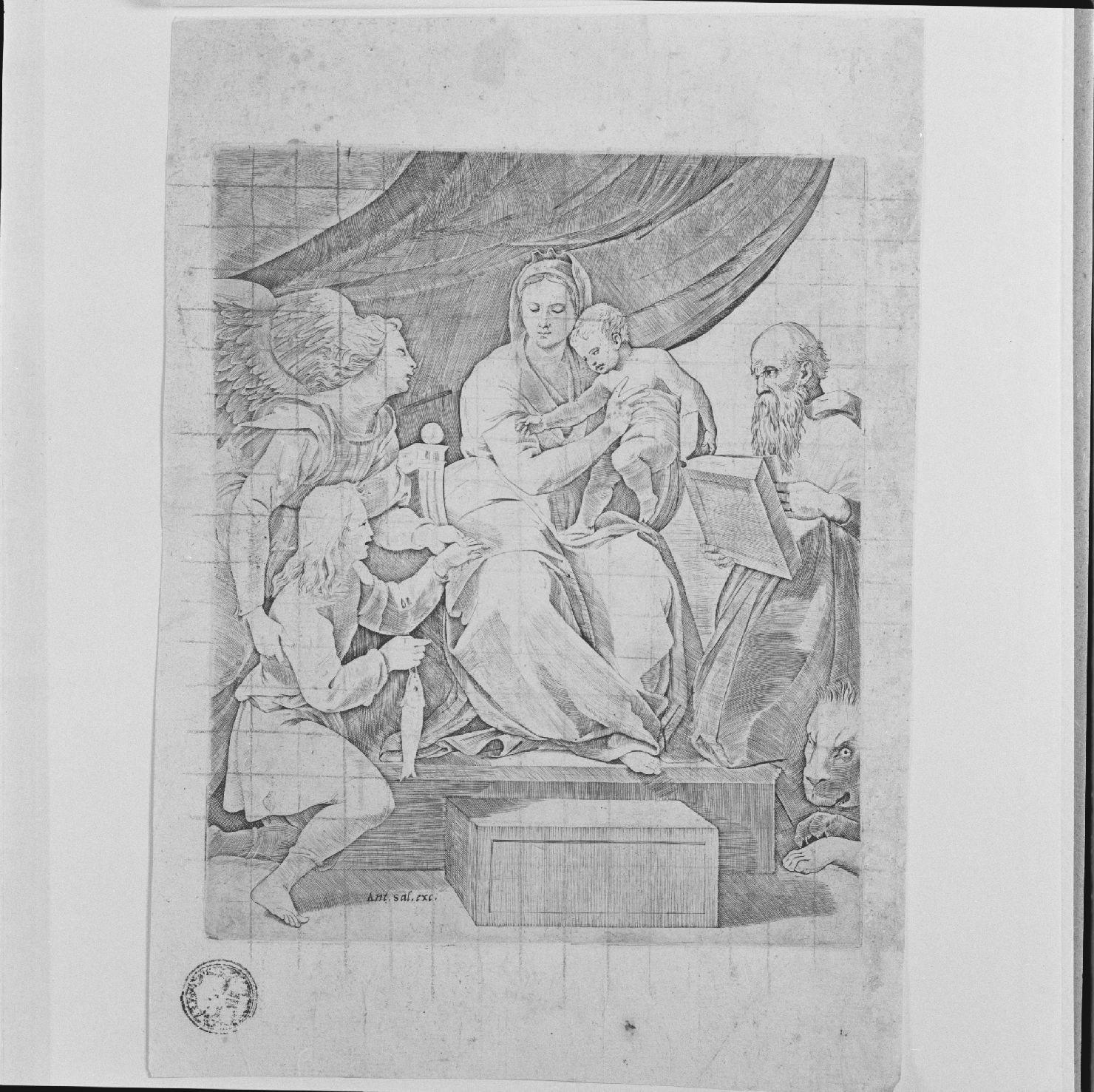 Madonna con Bambino in trono, San Marco, Tobiolo e l'Arcangelo Raffaele (stampa) di Sanzio Raffaello (scuola), Dente Marco (attribuito) (sec. XVI)