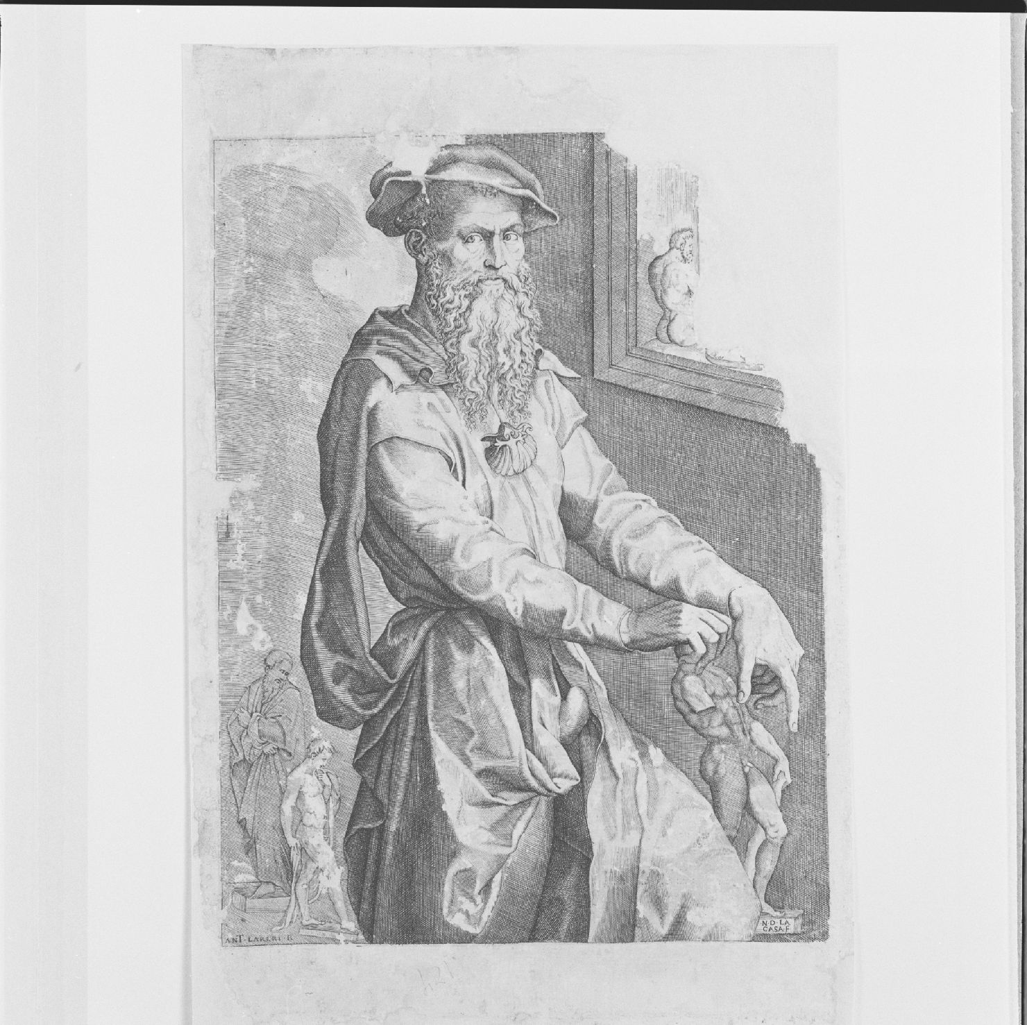 figura virile con statue (stampa) di Della Casa Nicolò, Lafrery Antonio (sec. XVI)