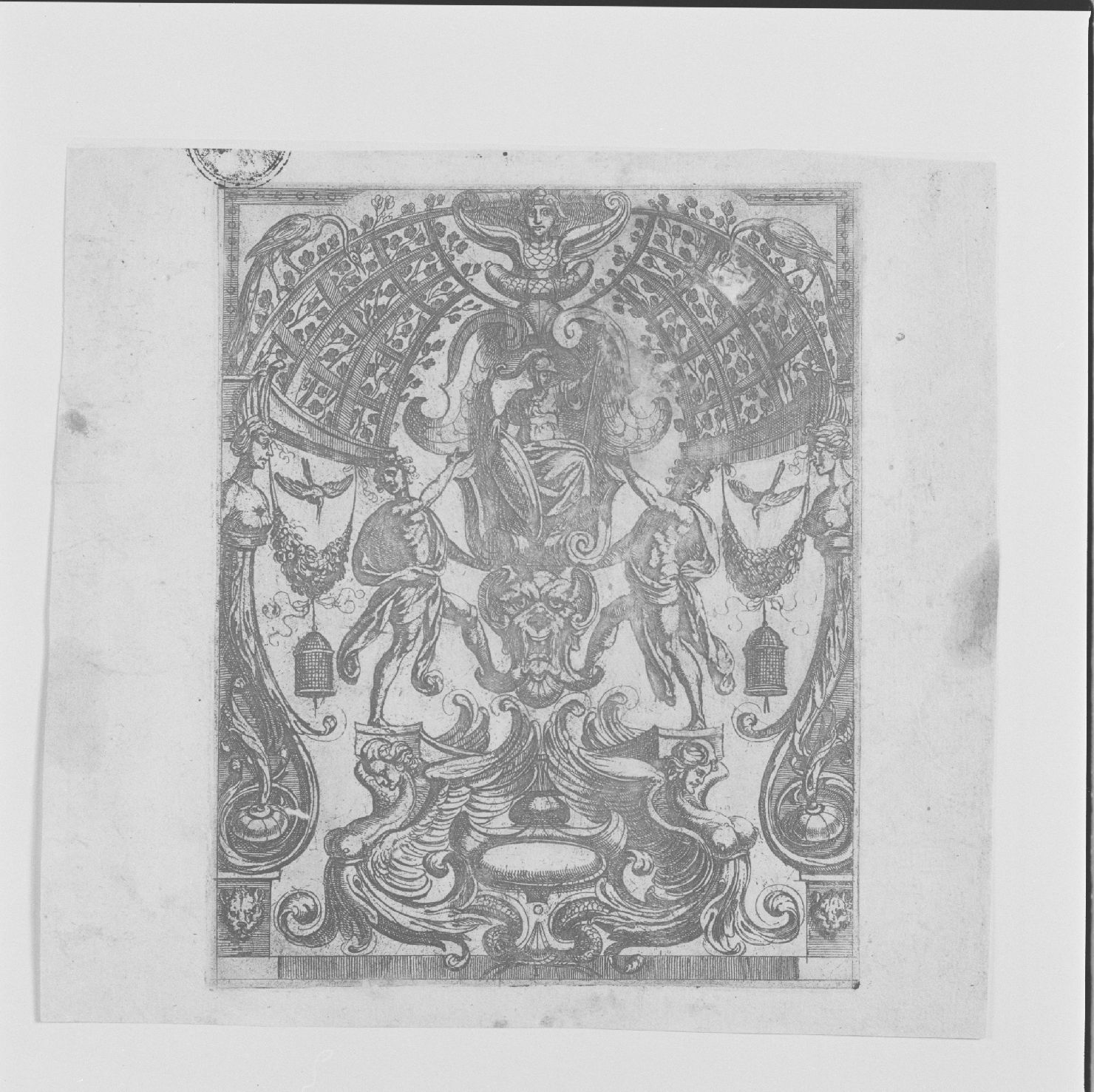 motivi decorativi a grottesche e allegoria della Fortezza (stampa, elemento d'insieme) di Tempesta Antonio (attribuito) (fine/inizio secc. XVI/ XVII)