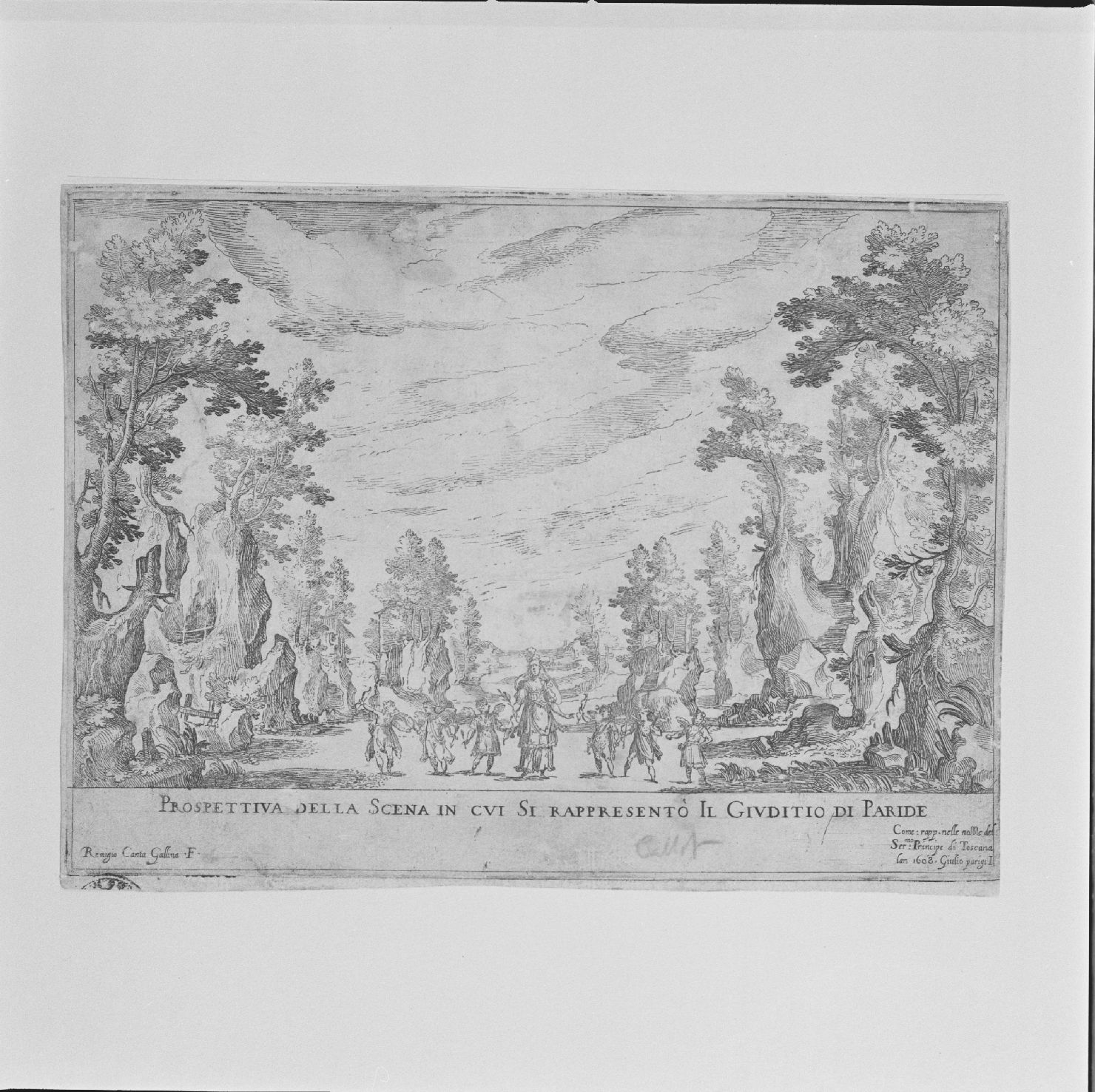 scena con paesaggio e giudizio di Paride (stampa) di Parigi Giulio, Cantagallina Remigio (sec. XVII)