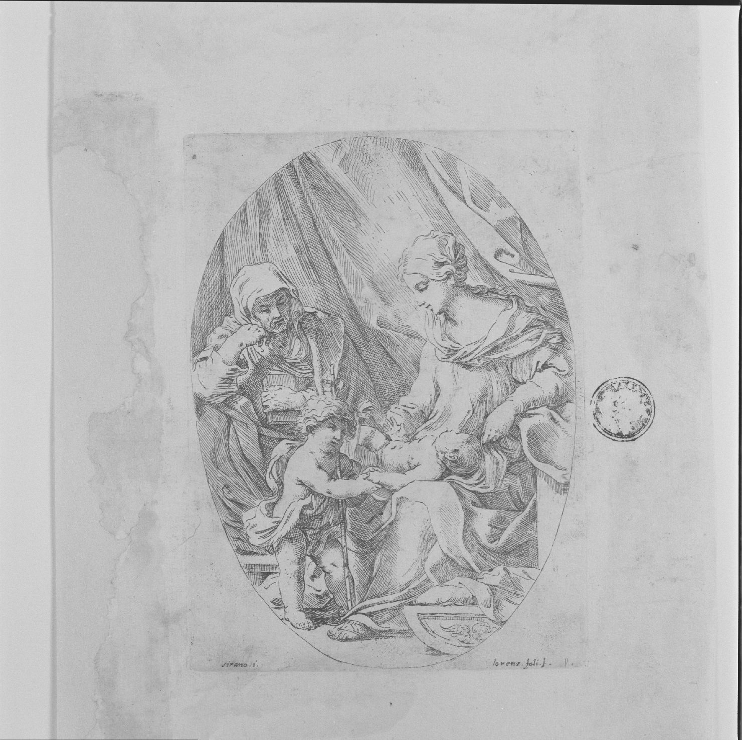 Madonna con Bambino, San Giovannino, Sant'Elisabetta (stampa) di Sirani Elisabetta, Lolli Lorenzo (sec. XVII)