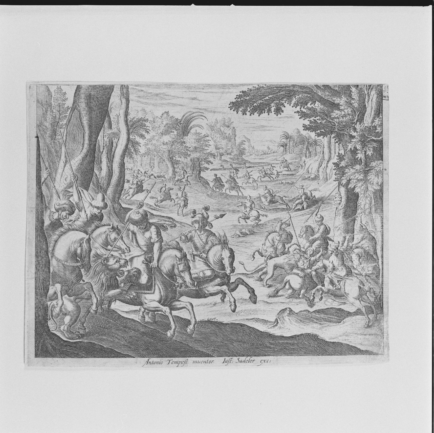 caccia al leone (stampa, elemento d'insieme) di Tempesta Antonio (sec. XVII)
