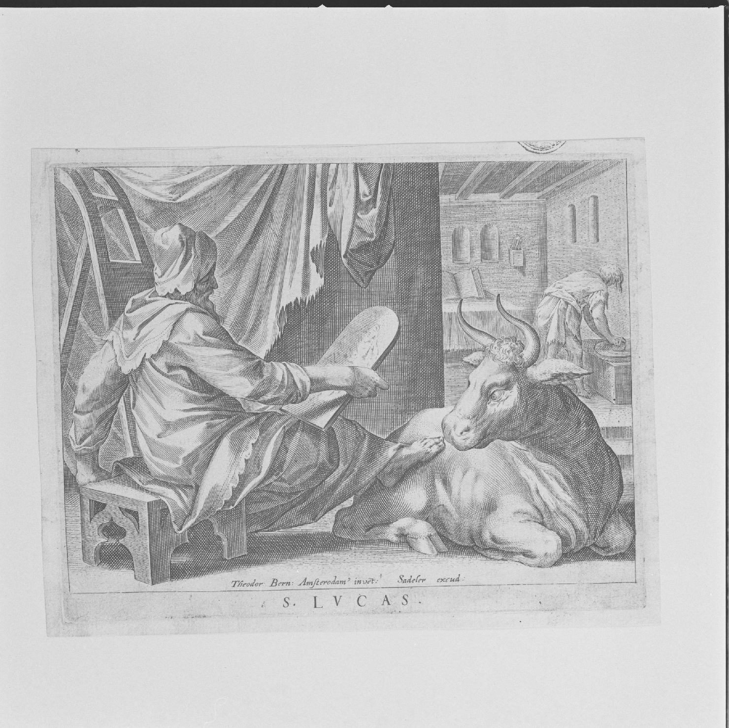 San Luca (stampa, elemento d'insieme) di Bernardi Theodorus - ambito fiammingo, ambito fiammingo (seconda metà sec. XVI)
