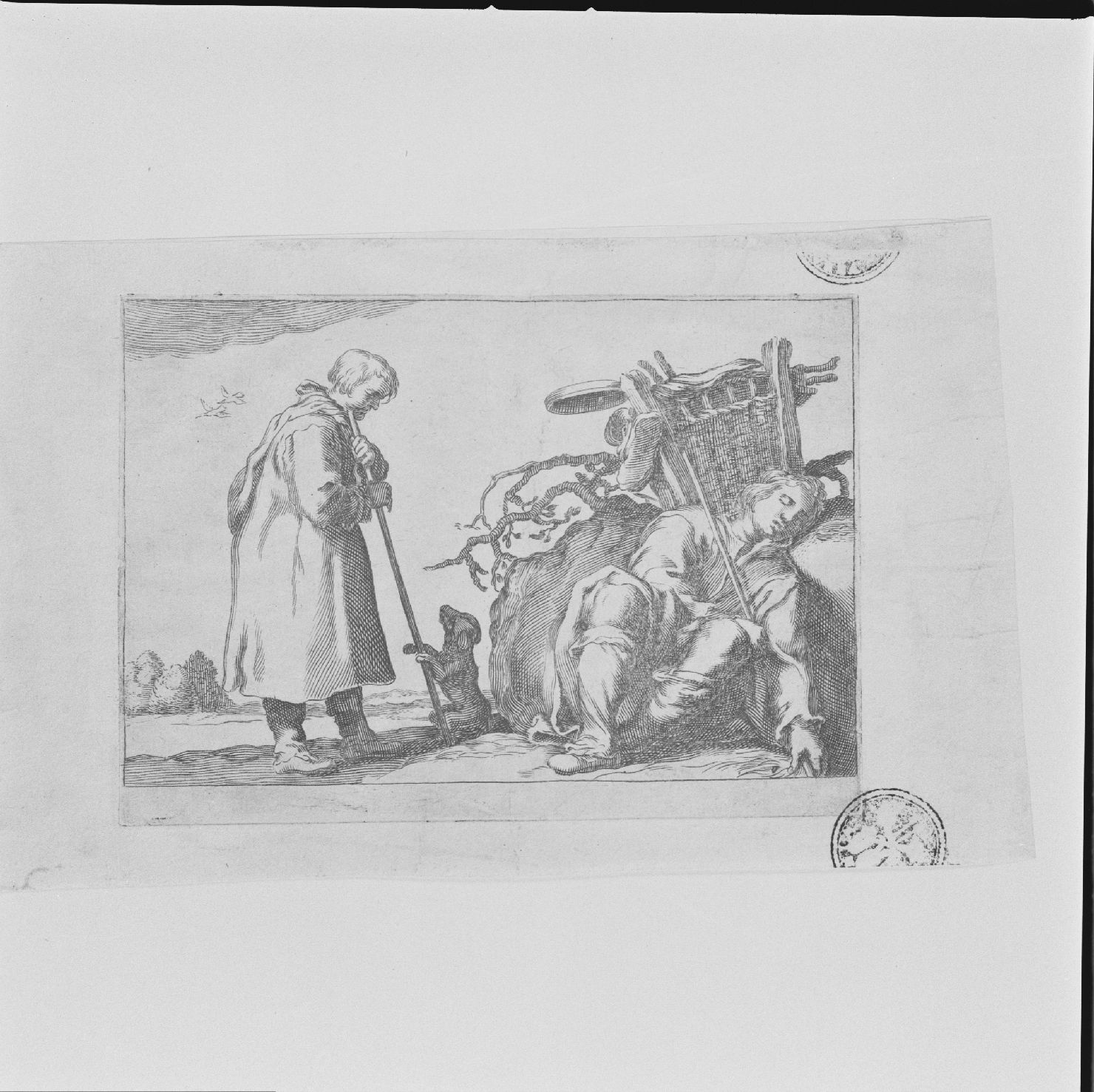 venditore ambulante a riposo e viandante (stampa, elemento d'insieme) di Bloemaert Abraham (primo quarto sec. XVII)