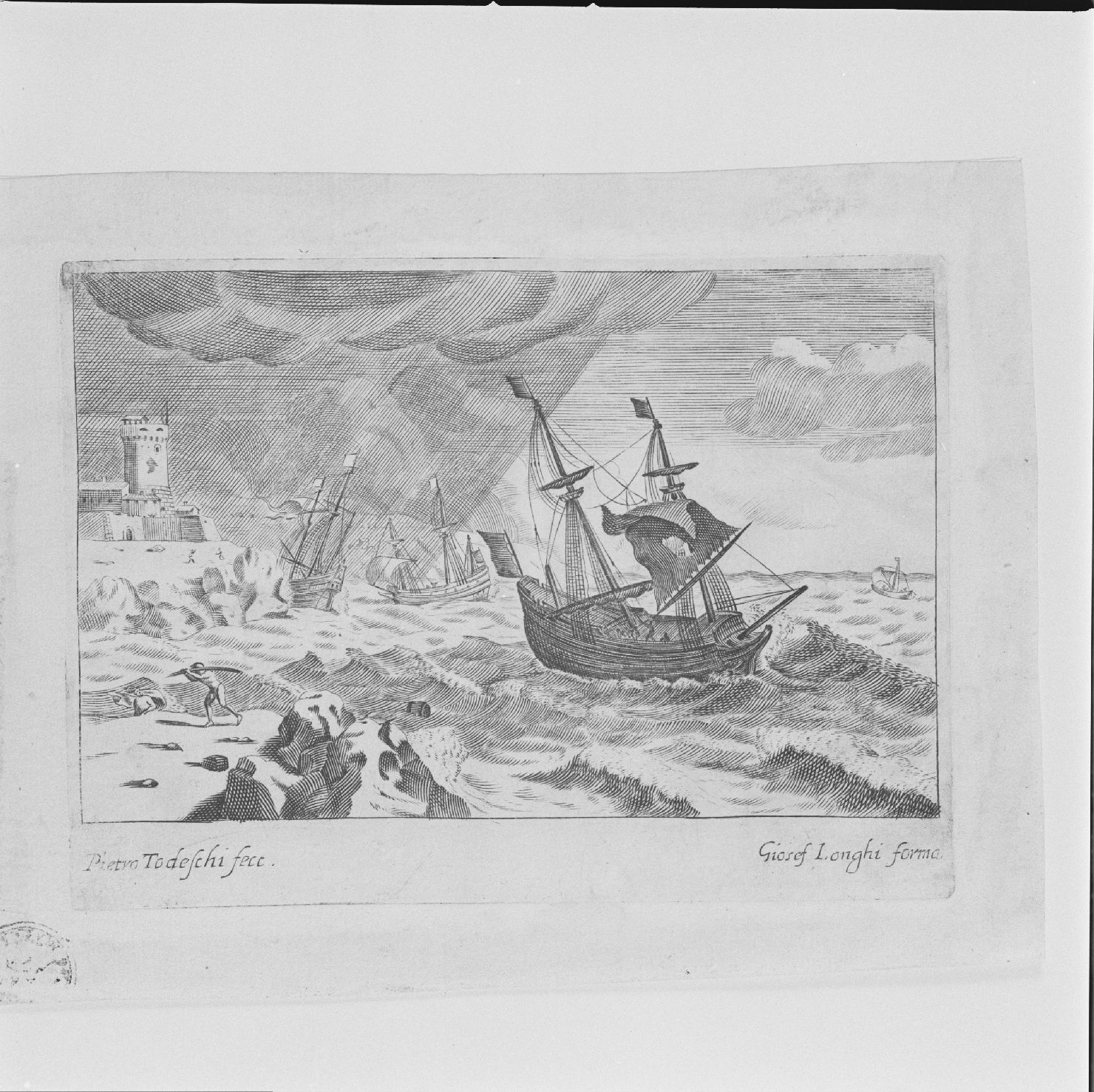 marina tempestosa con navi (stampa, elemento d'insieme) di Todeschi Pietro (sec. XVII)