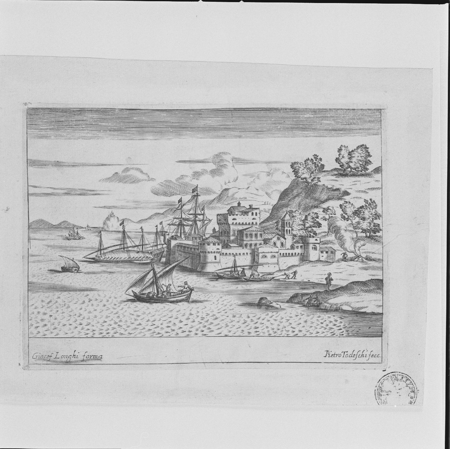 paesaggio marino con navi (stampa, elemento d'insieme) di Todeschi Pietro (sec. XVII)