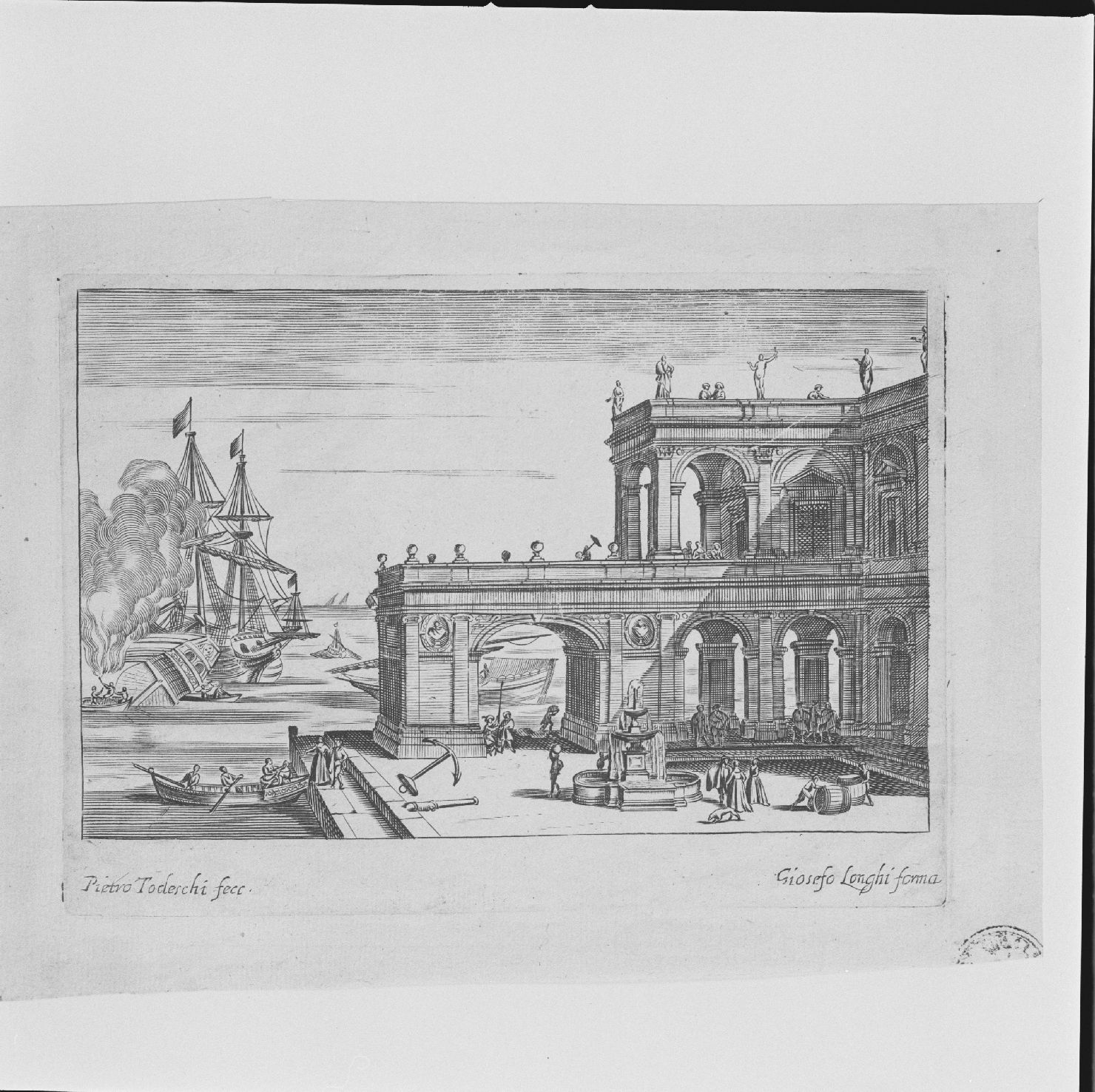 paesaggio con architetture e marina (stampa, elemento d'insieme) di Todeschi Pietro (sec. XVII)