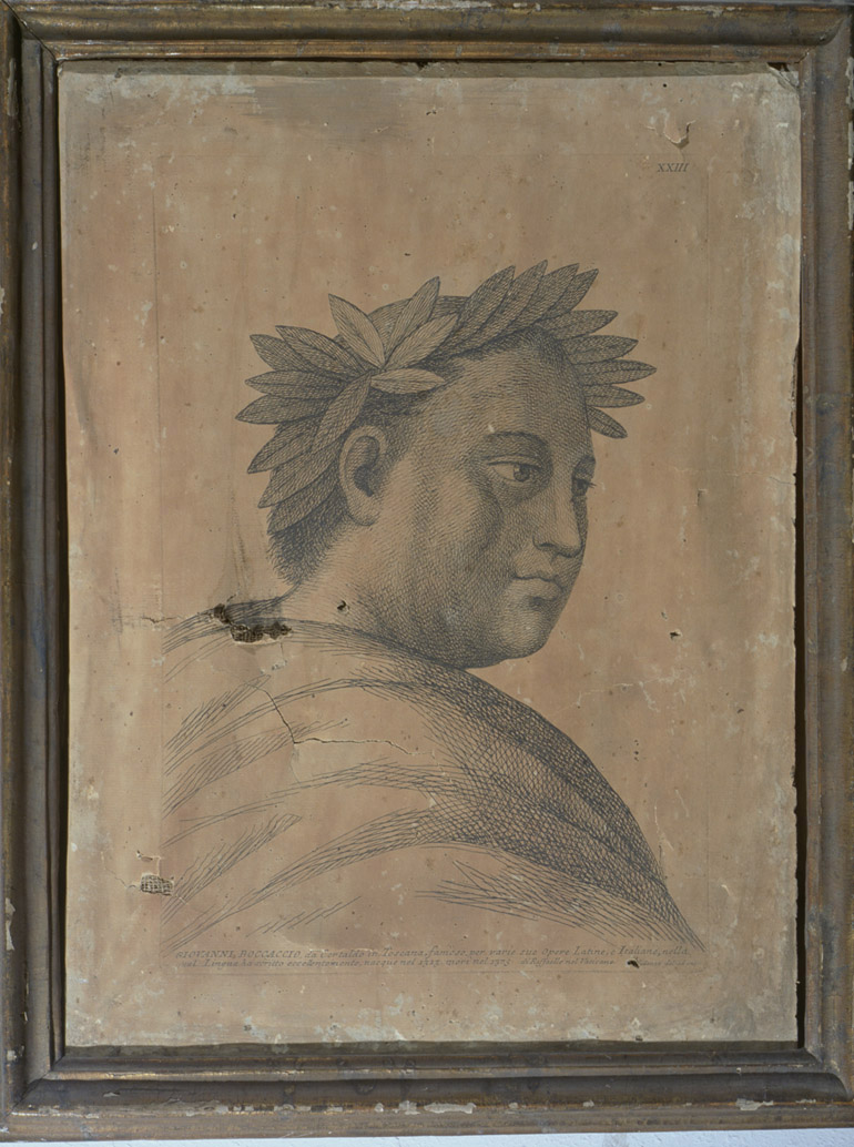 testa di Giovanni Boccaccio (stampa, serie) di Fidanza Paolo, Sanzio Raffaello (sec. XVIII)