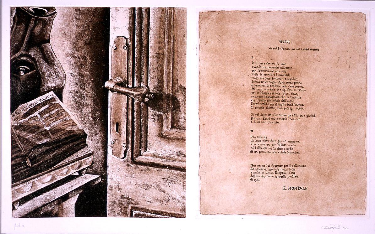 porta; libro aperto; foglio con poesia di Montale (stampa, stampa composita) di Zampetti Luca (sec. XX)
