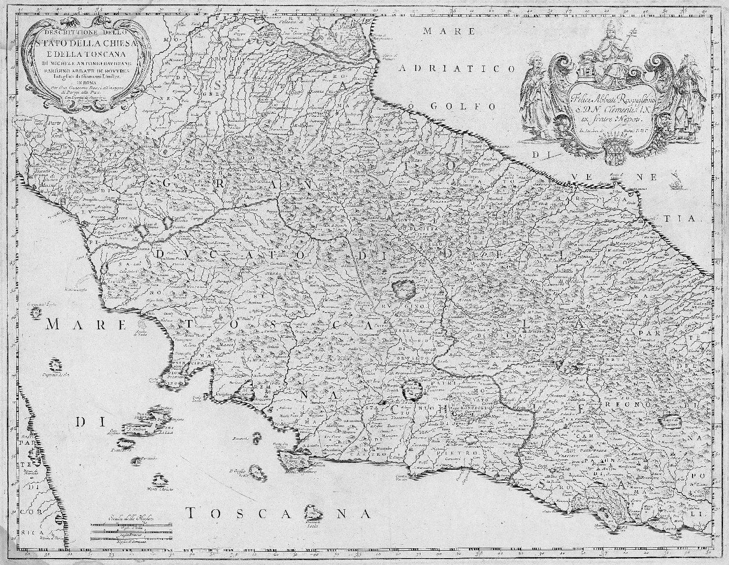 carta geografica dello Stato Pontificio e della Toscana (stampa smarginata) di Baudrand Michele Antonio, Lhuilier Giovanni (sec. XVII)