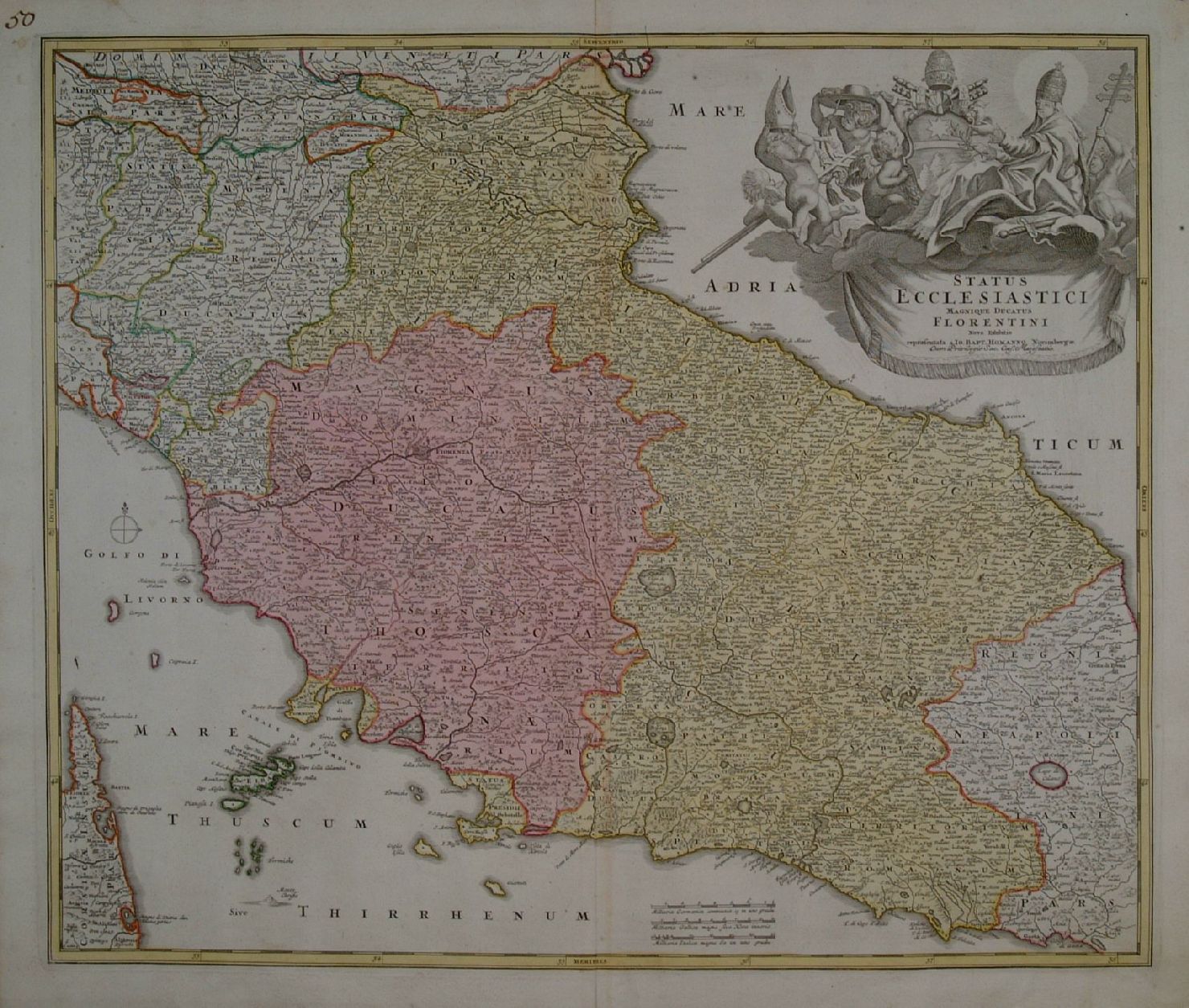 carta geografica dello Stato Pontificio e della Toscana (stampa a colori) di Homann Johannes Baptista (sec. XVIII)
