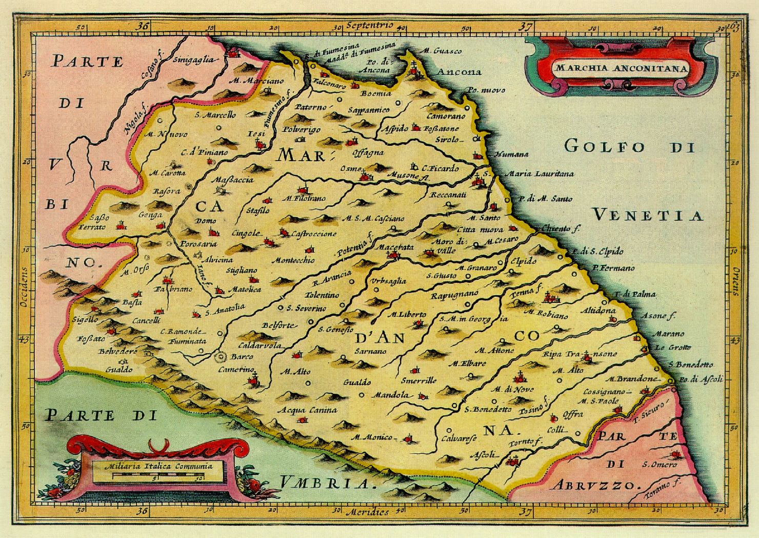 carta geografica della Marca di Ancona (stampa a colori smarginata) di Merula Paulus (sec. XVII)