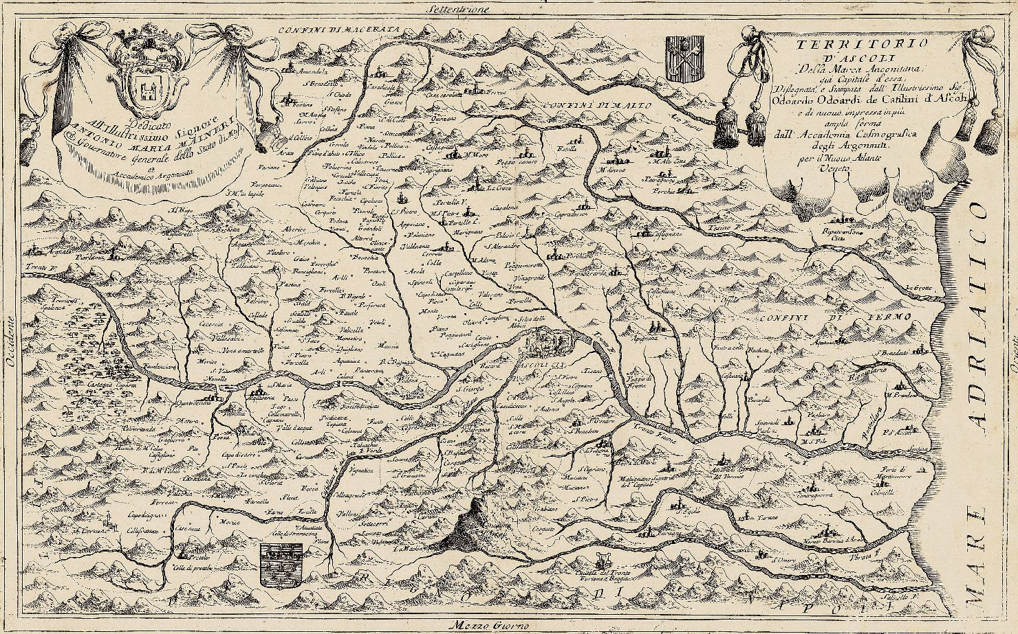 carta geografica della Marca di Ascoli e della Marca di Ancona (stampa smarginata) di Odoardi de'Catilini Odoardo, Coronelli Vincenzo Maria (sec. XVII)
