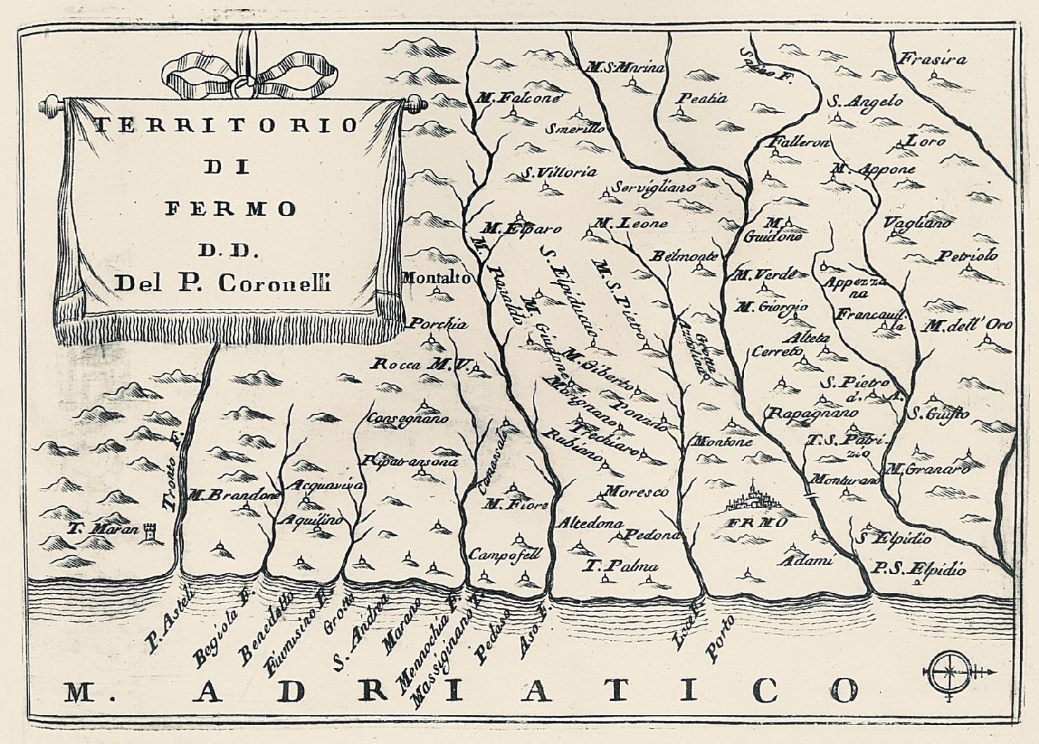 carta geografica del territorio di Fermo (stampa smarginata) di Coronelli Vincenzo Maria (sec. XVIII)