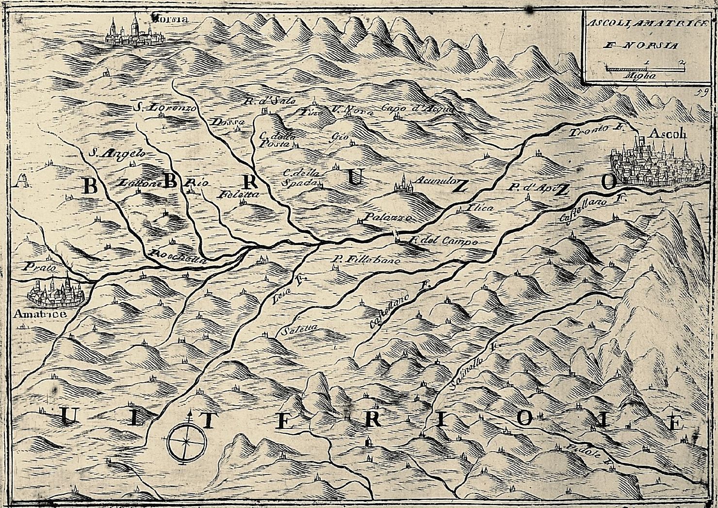 carta geografica del territorio di Ascoli, Amatrice e Norcia (stampa smarginata) di Coronelli Vincenzo Maria (sec. XVIII)