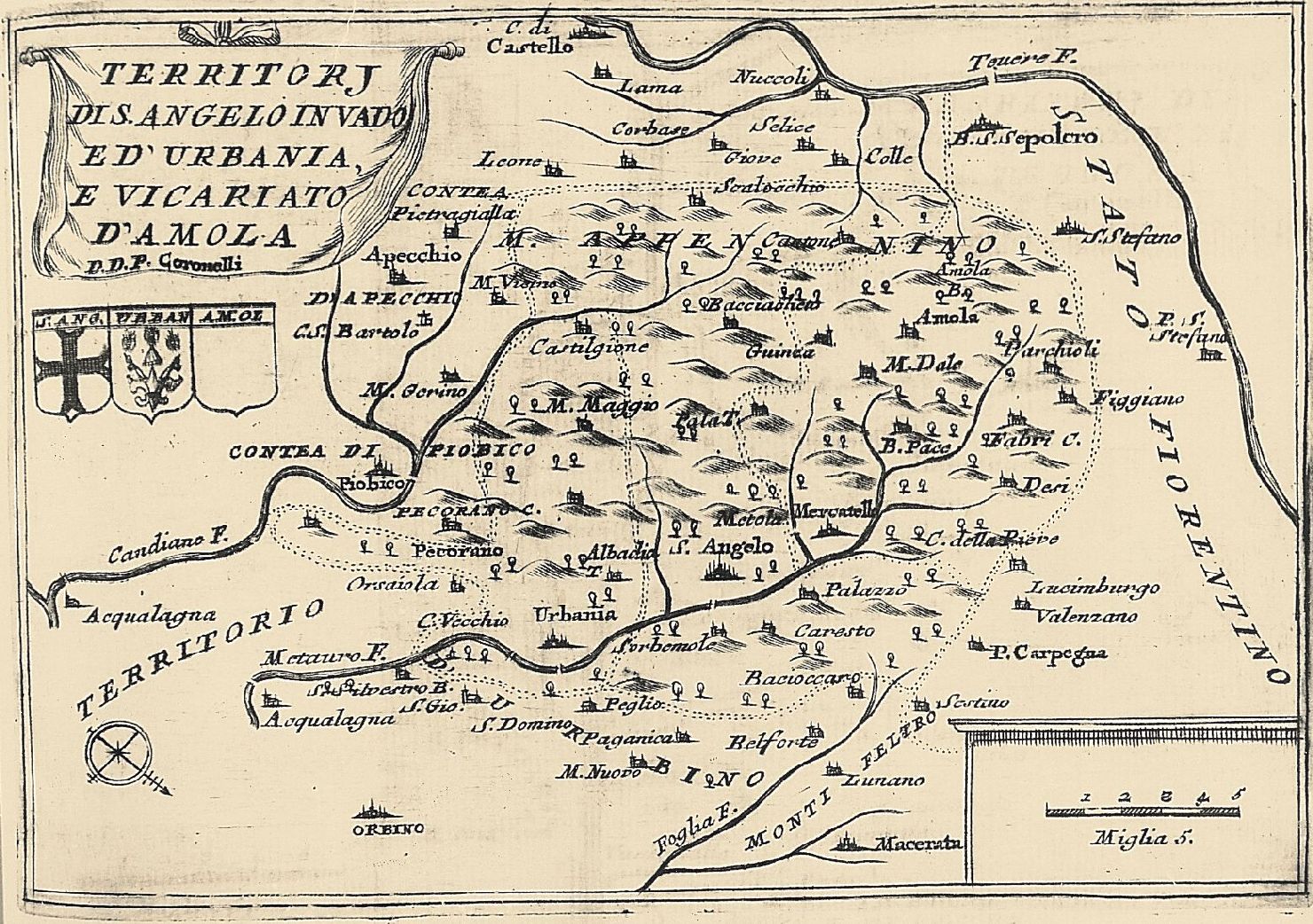 carta geografica del territorio di Sant'Angelo in Vado e Urbania (stampa smarginata) di Coronelli Vincenzo Maria (sec. XVIII)