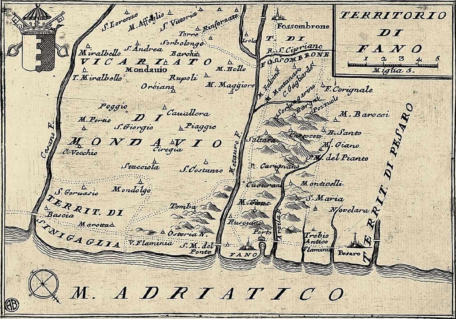 carta geografica del territorio di Fano (stampa smarginata) di Coronelli Vincenzo Maria (sec. XVIII)