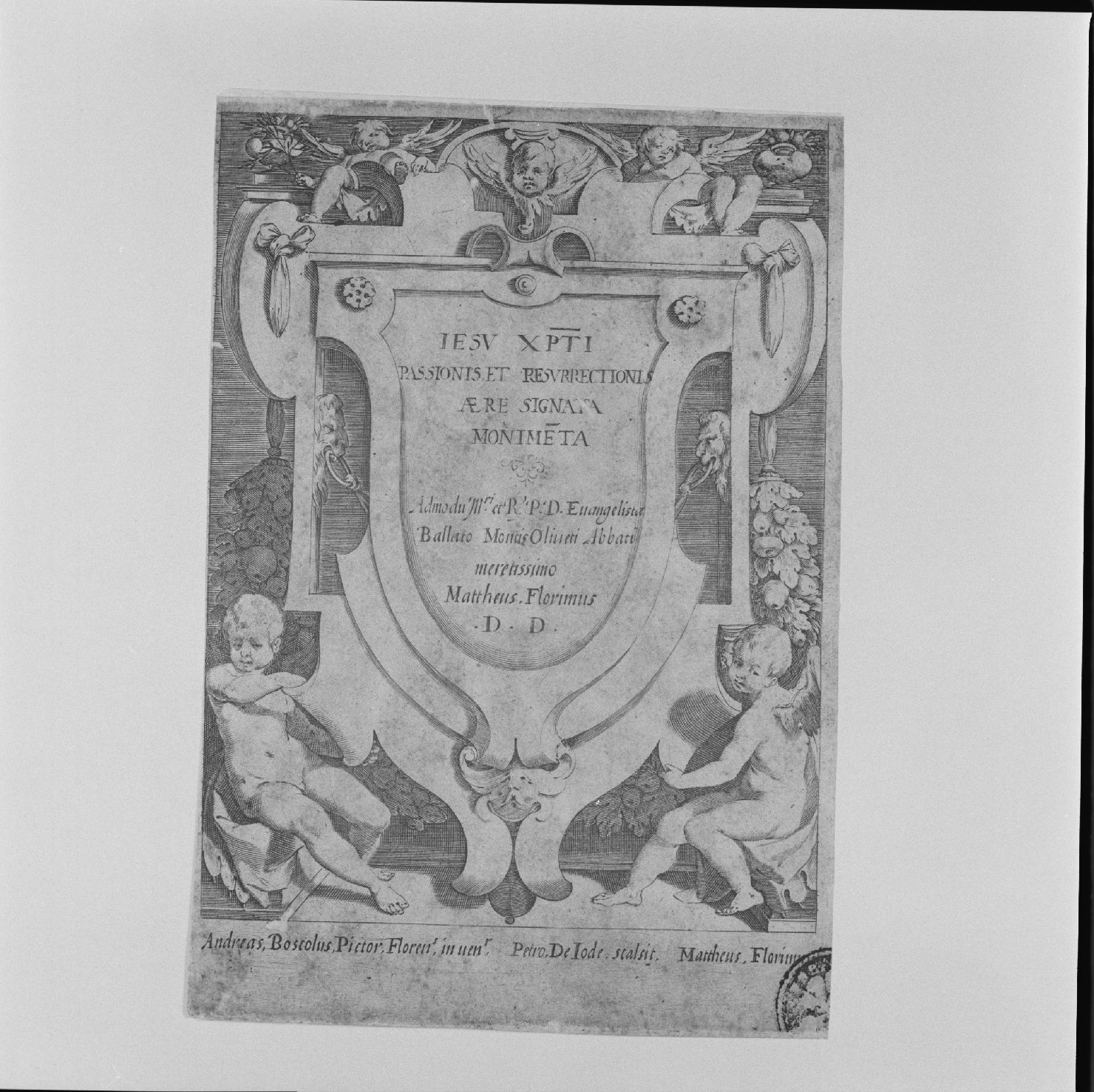targa sostenuta da angeli (stampa) di De Iode Pietro, Boscoli Andrea (prima metà sec. XVII)