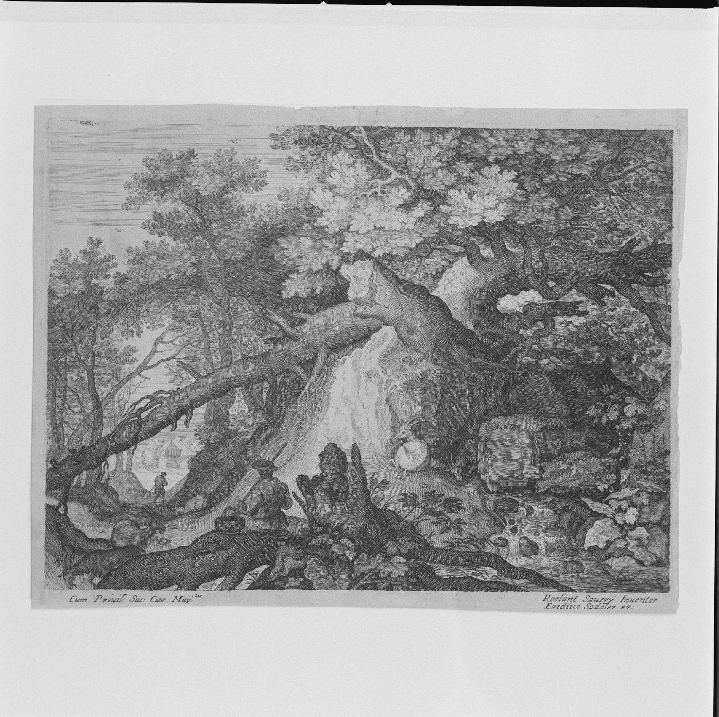 paesaggio con alberi e pastori (stampa) di Sadeler Gillis il Giovane, Saverij Roelant (inizio sec. XVII)
