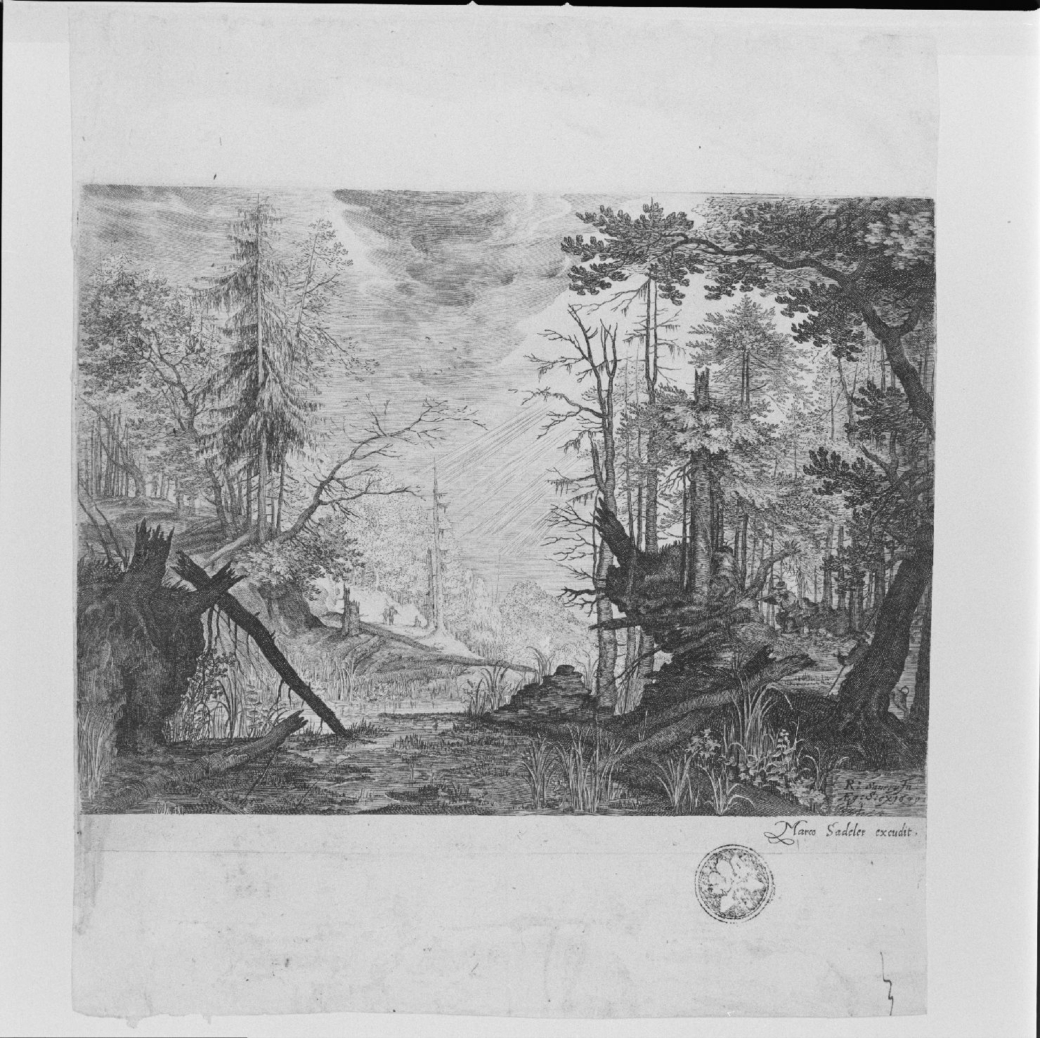 paesaggio con alberi e palude (stampa) di Sadeler Gillis il Giovane, Saverij Roelant (sec. XVII)