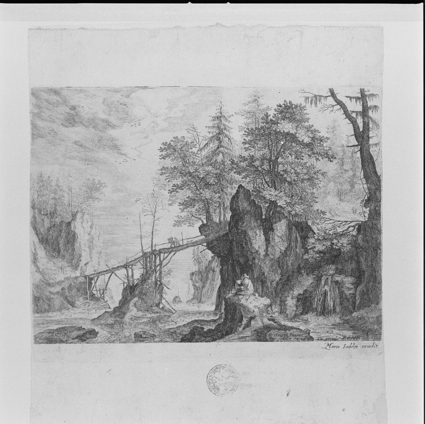 paesaggio con alberi, fiume e ponte sospeso (stampa) di Sadeler Gillis il Giovane, Saverij Roelant (inizio sec. XVII)