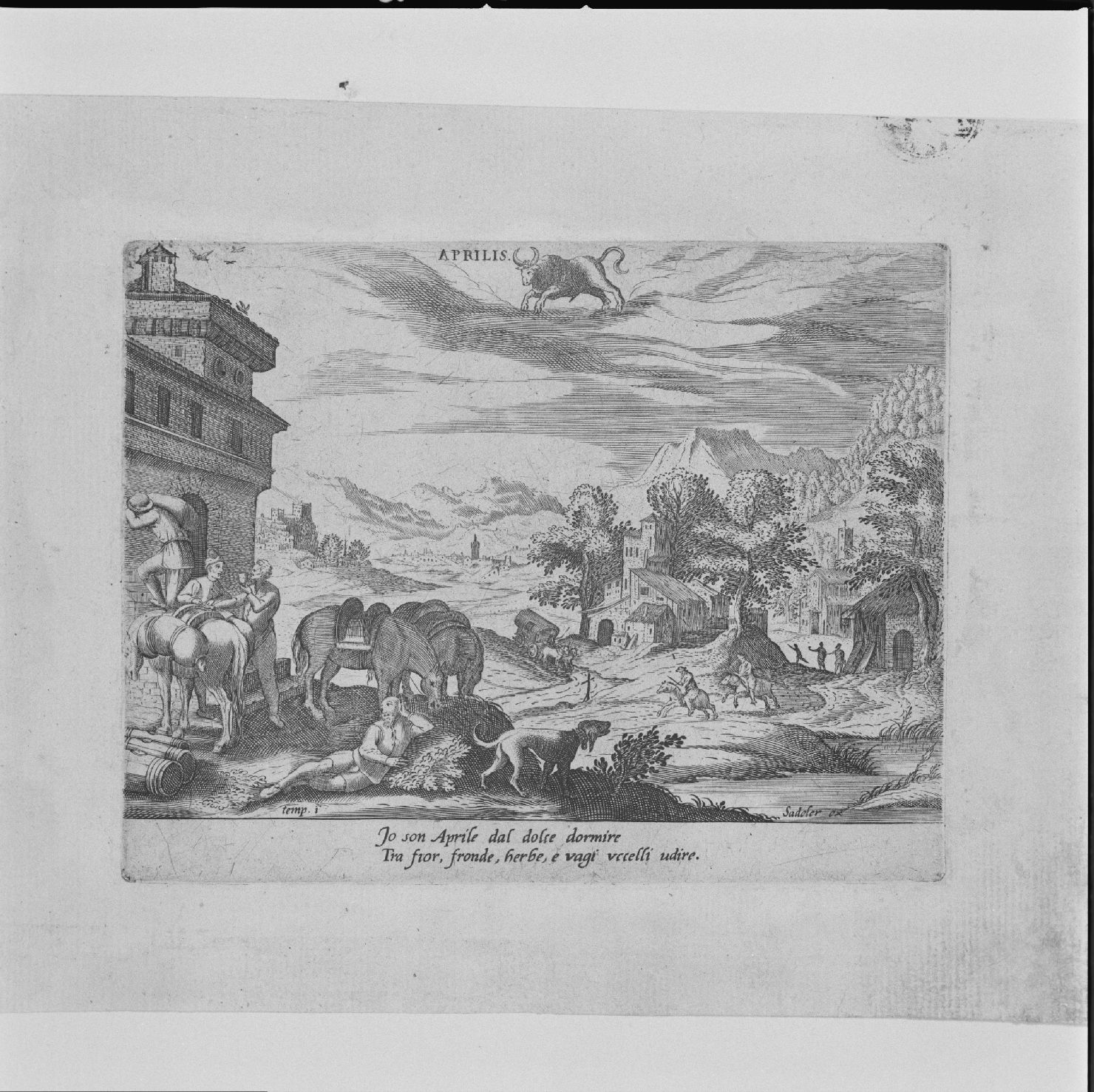 allegoria del mese di aprile (stampa) di Sadeler Jan il Vecchio, Tempesta Antonio (secc. XVI/ XVII)