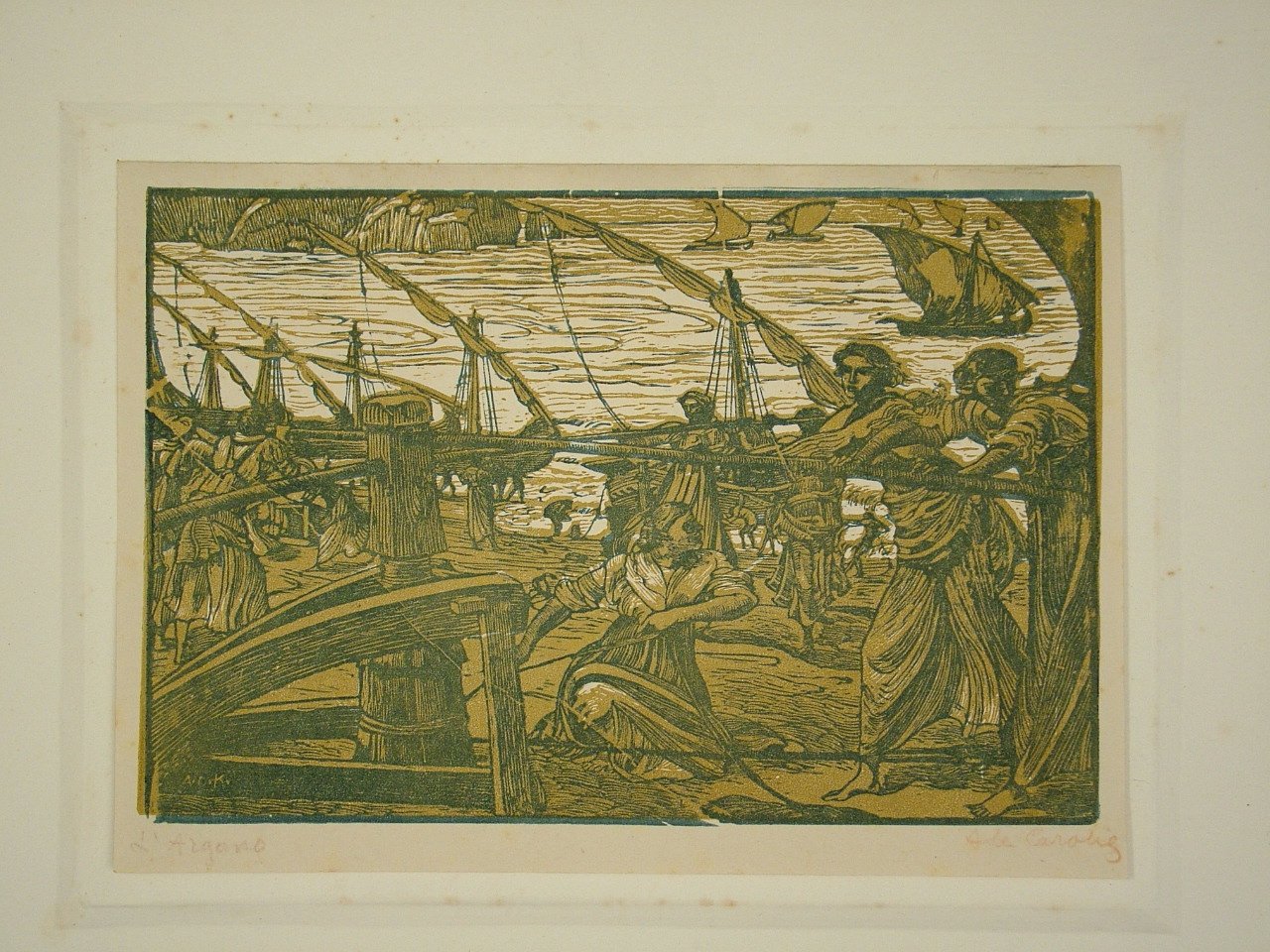 L'Argano, marina con barche e donne (stampa) di De Carolis Adolfo (attribuito) (primo quarto sec. XX)