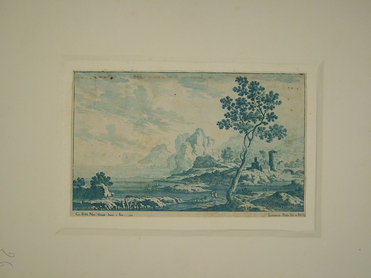 paesaggio fluviale (stampa a colori smarginata) di Nini Giovanni Battista (attribuito), Pisarri Ferdinando (attribuito) (secondo quarto sec. XVIII)
