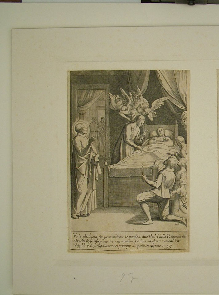 San Filippo Neri assiste un morente (stampa smarginata, elemento d'insieme) di Reni Guido (attribuito), Ciamberlano Luca (attribuito) (primo quarto sec. XVII)