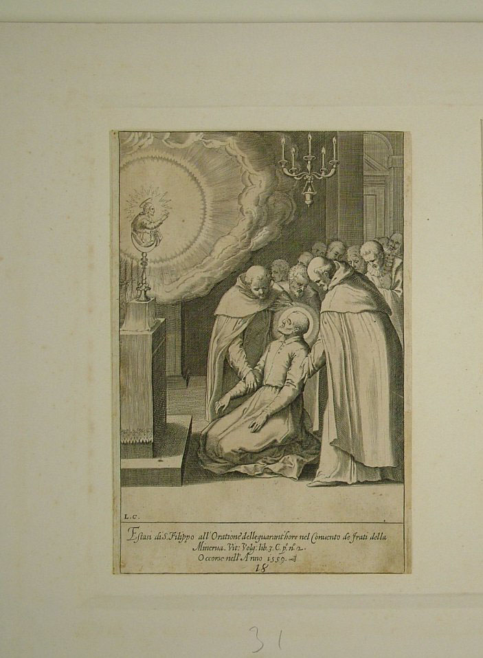 estasi di San Filippo Neri (stampa smarginata, elemento d'insieme) di Reni Guido (attribuito), Ciamberlano Luca (attribuito) (primo quarto sec. XVII)