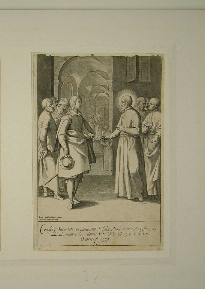 San Filippo Neri incontra un giovinetto (stampa smarginata, elemento d'insieme) di Reni Guido (attribuito), Ciamberlano Luca (attribuito) (primo quarto sec. XVII)
